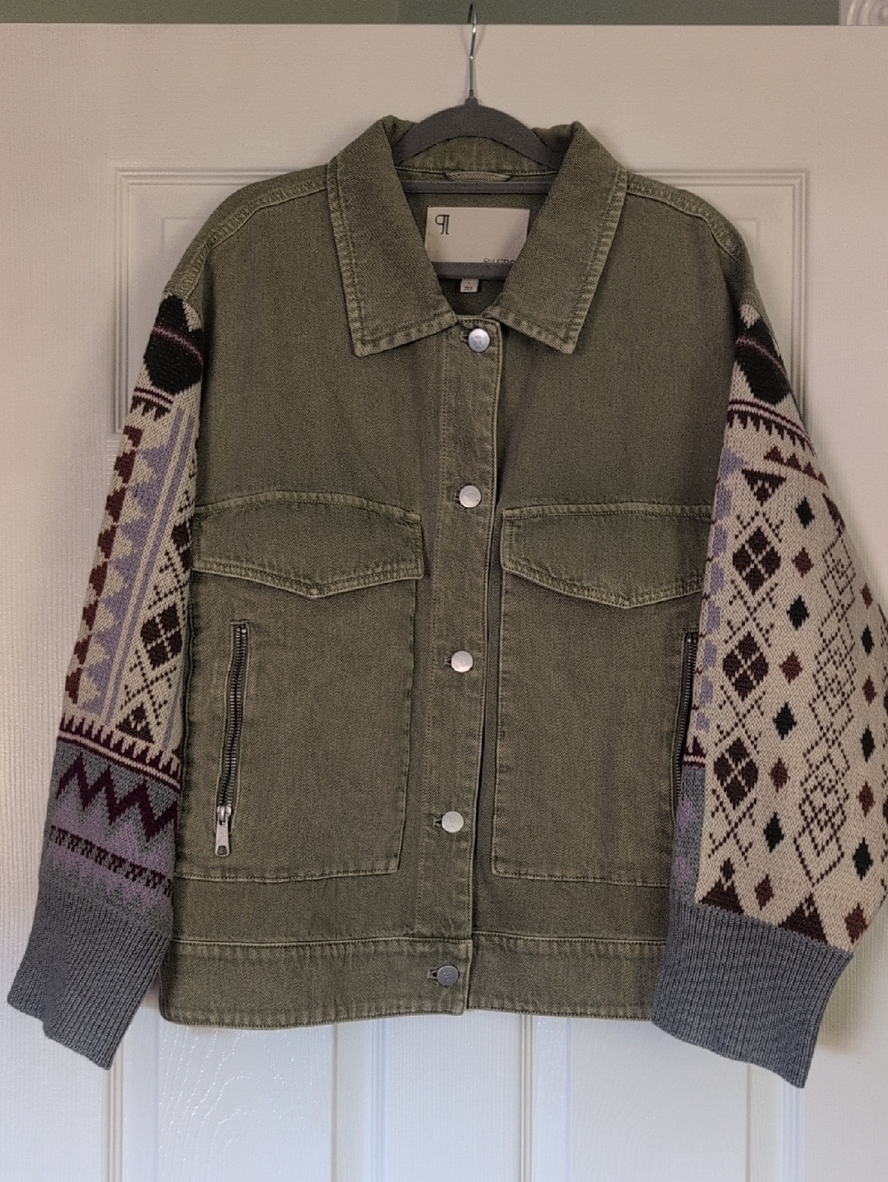 Anthropologie Pilcro  Sage Denim Jacket Knit Sleeves L NWOT